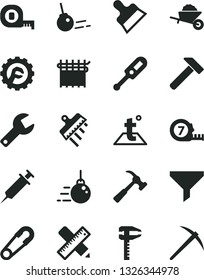 Solid Black Vector Icon Set - repair key vector, safety pin, electronic thermometer e, big core, garden trolley, measuring tape, long meashuring, writing accessories, putty knife, spatula, star gear