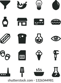 Solid Black Vector Icon Set - shoes for little children vector, eye, Easter cake, Hot Dog, apple pie, porridge, chili, popsicle, cone, bottle, lime, bulb, SIM card, caliper, stall, filter, router