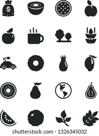 Solid Black Vector Icon Set - cabbage vector, cup of tea, apple, mint, apricot, rose hip, slice water melon, mango, kiwi, half, passion fruit, pineapple, ripe guava, part, leaves, planet Earth