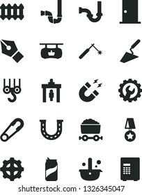 Solid Black Vector Icon Set - safety pin vector, winch hook, trowel, siphon, sewerage, ntrance door, gear, new radiator, soda can, welding, metallurgy, trolley with coal, magnet, ink pen, star medal