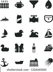 Solid Black Vector Icon Set - mug for feeding vector, rubber duck, baby duckling, bath, sink, drop, anchor, soda can, bottle of, valve, hydroelectricity, cast iron radiator, filter, sail boat