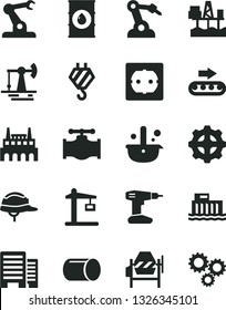 Solid Black Vector Icon Set - hook vector, concrete mixer, drill, power socket type f, buildings, helmet, commercial seaport, working oil derrick, valve, hydroelectric station, industrial factory