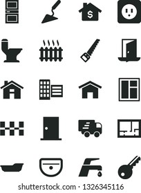 Solid Black Vector Icon Set - house vector, bath, building trowel, window, arm saw, sink, comfortable toilet, lay out of flat, power socket type b, ntrance door, interroom, city block, ceramic tiles