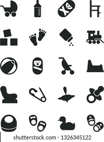 Solid Black Vector Icon Set - dummy vector, measuring bottle for feeding, baby powder, bib, chair, stroller, summer, open pin, rubber duck, bath ball, roly poly doll, tumbler, potty, a, toy train