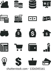 Solid Black Vector Icon Set - purse vector, dollar, calculation, shopping cart, basket, coins, column of, money, dollars, engineer calculator, cash machine, cashbox, financial report, mortgage, idea