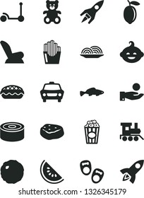 Solid Black Vector Icon Set - car child seat vector, teddy bear, funny hairdo, baby toy train, Kick scooter, shoes for little children, canned goods, onion, apple pie, cabbage, piece of meat, lemon