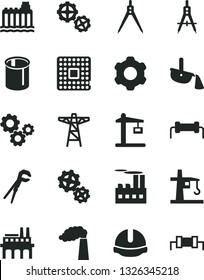 Solid Black Vector Icon Set - gears vector, cogwheel, adjustable wrench, construction helmet, manufacture, hydroelectricity, power pole, industrial building, enterprise, tower crane, processor