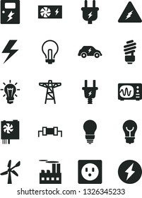 Solid Black Vector Icon Set - lightning vector, incandescent lamp, saving light bulb, dangers, wind energy, power pole, plug, electric, socket, industrial building, transport, pc supply, electricity