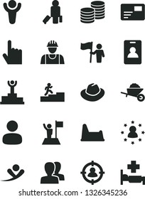 Solid Black Vector Icon Set - women vector, hat, potty chair, builder, garden trolley, index finger, pass card, coins, man, in sight, winner, podium, carrer stairway, with flag, hold, stars around