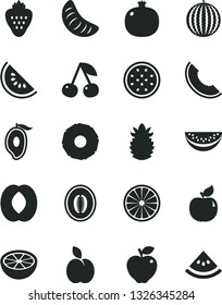 Solid Black Vector Icon Set - strawberry vector, apple, cherry, pomegranate, apricot, red, water melon, slice of, half mango, peach, tangerine, passion fruit, orange, ripe pineapple, grapefruit