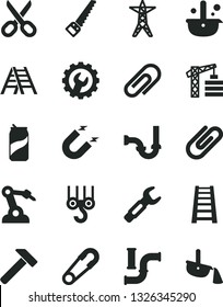 Solid Black Vector Icon Set - scissors vector, clip, safety pin, tower crane, winch hook, arm saw, stepladder, ladder, sewerage, gear, hammer, soda can, water pipes, power line, magnet, robot welder