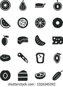 Solid Black Vector Icon Set - stationery knife vector, piece of cheese, pizza, cake, slice, bacon, meat, orange, sandwich, plum, half mango, tangerine, cherry, lemon, kiwi, pineapple, part guava