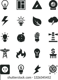 Solid Black Vector Icon Set - lightning vector, incandescent lamp, window, saving light bulb, power socket type b, storm cloud, lens, leaf, pole, lighthouse, electricity, flame, flag on moon, idea