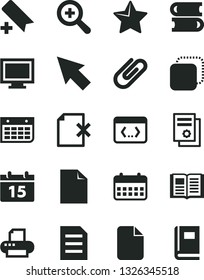 Solid Black Vector Icon Set - monitor window vector, add bookmark, clean sheet of paper, zoom, books, calendar, star, book, delete page, clip, copy, scientific publication, wall, printer, coding