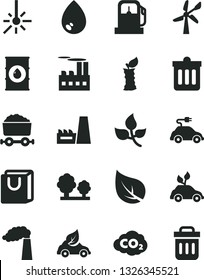 Solid Black Vector Icon Set - dust bin vector, drop, bag with handles, apple stub, leaves, leaf, gas station, wind energy, manufacture, oil, trees, industrial building, thermal power plant, eco car