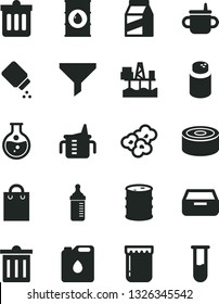 Solid Black Vector Icon Set - bin vector, mug for feeding, measuring cup, bottle, powder, baby, dust, drawer, package, canned goods, popcorn, jam, commercial seaport, round flask, oil, barrel, bag