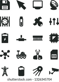 Solid Black Vector Icon Set - floppy disk vector, charge level, charging battery, power line, smd, SIM card, radiator fan, monitor, connect, cursor, test tube, molecule, settings, satellite, antenna