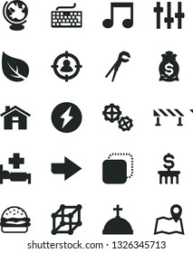 Solid Black Vector Icon Set - house vector, right direction, keyboard, gears, adjustable wrench, road fence, copy, burger, leaf, man in sight, note, settings, globe, 3d cube, electricity, money bag