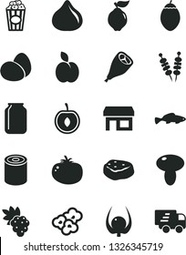 Solid Black Vector Icon Set - eggs vector, tin, fried vegetables on sticks, mushroom, grill chicken leg, piece of meat, tomato, popcorn, cup, small fish, apple, grape, quince, fig, half cherry, jar