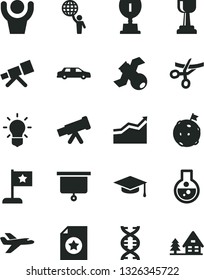 Solid Black Vector Icon Set - flask vector, telescope, dna, bulb, satellite, graduate hat, presentation board, award, gold cup, man hold world, arrow graph, flag on moon, star, certificate, hands up