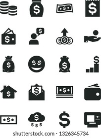 Solid Black Vector Icon Set - coins vector, denomination of the dollar, financial item, catch a coin, wallet, money, dollars, cash, rain, mortgage, pedestal, bag, eyes, growth, mail, dialog, atm