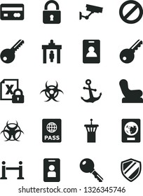 Solid Black Vector Icon Set - prohibition vector, Baby chair, key, lock, anchor, passport, reverse side of a bank card, encrypting, biohazard, airport tower, rope barrier, identity, security gate