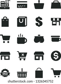 Solid Black Vector Icon Set - paper bag vector, grocery basket, bank card, dollar, children's potty, crossed cart, with handles, kiosk, cup of tea, stall, shopping, purse, hand, cash machine, sale