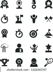 Solid Black Vector Icon Set - stopwatch vector, racer, winner, prize, cup, star, reward, man with medal, flag, motivation, target, pennant, ribbon, cross flags, cloud ladder, tennis