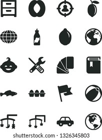 Solid Black Vector Icon Set - sign of the planet vector, book, toys over cradle, cot, baby bath ball, motor vehicle, funny hairdo, small tools, sample colour, flag, nightstand, bundle eggs, fish