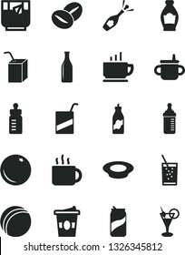 Solid Black Vector Icon Set - mug for feeding vector, bottle, measuring, bath ball, e, packing of juice with a straw, coffee, plate milk, beans, cup tea, coffe to go, glass soda, can, orange, liquor