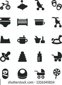 Solid Black Vector Icon Set - baby cot vector, dummy, mug for feeding, bottle, diaper, bib, stroller, carriage, summer, sitting, stacking rings, roly poly doll, toy sand set, children's potty, chair