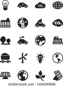 Solid Black Vector Icon Set - sign of the planet vector, leaves, wind energy, Earth, bulb, hydroelectric station, hydroelectricity, trees, eco car, electric, transport, CO2, carbon dyoxide, globe