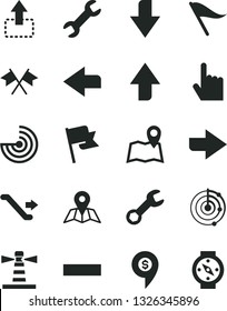 Solid Black Vector Icon Set - upward direction vector, downward, right, left, wind indicator, minus, index finger, map, flag, move up, lighthouse, repair, radar, cross flags, dollar pin, escalator
