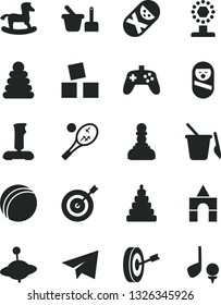 Solid Black Vector Icon Set - paper airplane vector, bath ball, stacking rings, toy, roly poly doll, tumbler, sand set, children's, yule, small rocking horse, cubes for children, box of bricks, cup