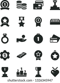 Solid Black Vector Icon Set - brick vector, cards, pedestal, coins, catch a coin, winner podium, award, gold cup, star medal, first place, with pennant, ribbon, hero, diamond ring, bar, dollar gear