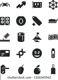 Solid Black Vector Icon Set - growth up vector, add label, door knob, drawing, pass card, cake slice, plum, tasty mulberry, guava, pipes, pc, speaker, test tube, dna, 3d cube, resistor, motivation