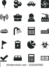 Solid Black Vector Icon Set - pennant vector, motor vehicle, balloon, Puzzles, shower, building block, suitcase, onion, honeycombs, charging battery, industrial, racer, pie charts, calculator