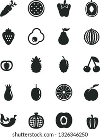 Solid Black Vector Icon Set - chili vector, peper, carrot, fried egg, strawberry, cherry, ripe peach, half apricot, pomegranate, rose hip, mulberry, water melon, delicious plum, passion fruit, of