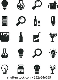 Solid Black Vector Icon Set - matte light bulb vector, incandescent lamp, measuring cup for feeding, e, interroom door, a glass of tea, cocktail, jar jam, flask, mercury, bottle, magnifier, zoom