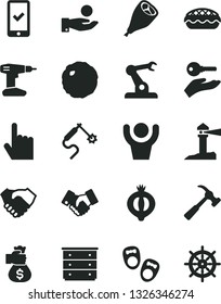 Solid Black Vector Icon Set - chest of drawers vector, shoes for little children, drill, hammer with claw, index finger, apple pie, grill chicken leg, cabbage, half medlar, gas welding, catch a coin