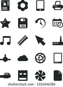 Solid Black Vector Icon Set - star vector, tablet pc, fan, motherboard, memory, usb, router, printer, network, connect, floppy, lan connector, note, history, schedule clock, settings, cursor, cloud