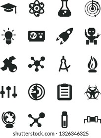 Solid Black Vector Icon Set - flask vector, test tube, molecule, atom, bulb, settings, satellite, biohazard, globe, oscilloscope, flame, graduate hat, clipboard, drawing compass, radar, earth core