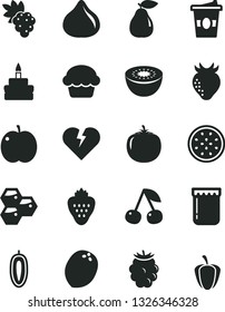 Solid Black Vector Icon Set - broken heart vector, cake, birthday, coffe to go, jam, strawberry, honeycombs, cherry, apple, grape, pear, fig, blackberry, sweet date fruit, kiwi, half of passion