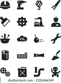 Solid Black Vector Icon Set - workman vector, hook, gears, trowel, cordless drill, hand saw, construction level, helmet, putty knife, core, water pipes, factory, gear, canister, CO2, metallurgy