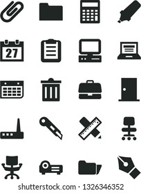 Solid Black Vector Icon Set - laptop vector, daily calendar, bin, calculator, ntrance door, writing accessories, stationery knife, clip, briefcase, text highlighter, wall, computer, router, folder