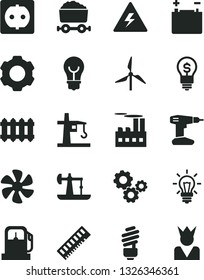 Solid Black Vector Icon Set - danger of electricity vector, drill, saving light bulb, new radiator, marine propeller, oil derrick, gas station, windmill, accumulator, power socket, tower crane, idea