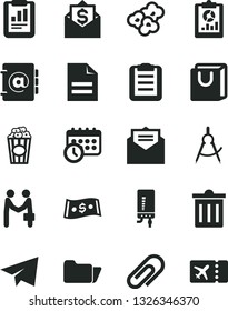 Solid Black Vector Icon Set - clip vector, bin, paper airplane, scribbled, electronic boiler, received letter, address book, bag with handles, popcorn, cup of, scribed compasses, statistical report
