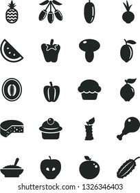 Solid Black Vector Icon Set - cheese vector, mushroom, cake, muffin, a bowl of buckwheat porridge, chicken leg, peper, beet, pineapple, orange slice, quince, tasty apple, goji berry, half melon