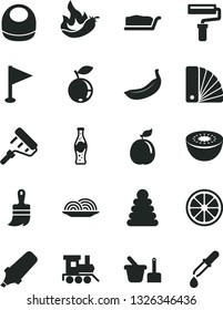 Solid Black Vector Icon Set - paint roller vector, pennant, baby bib, stacking rings, toy sand set, train, color samples, wooden brush, onion, cake slice, bottle of soda, blueberry, juicy lemon