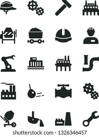 Solid Black Vector Icon Set - workman vector, gears, concrete mixer, construction helmet, hammer, core, valve, water pipes, hydroelectric station, industrial building, thermal power plant, factory